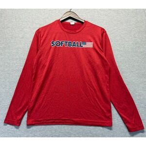 Sport-Tek Performance Shirt Mens Small Red Softball US flag Graphic Crew Neck